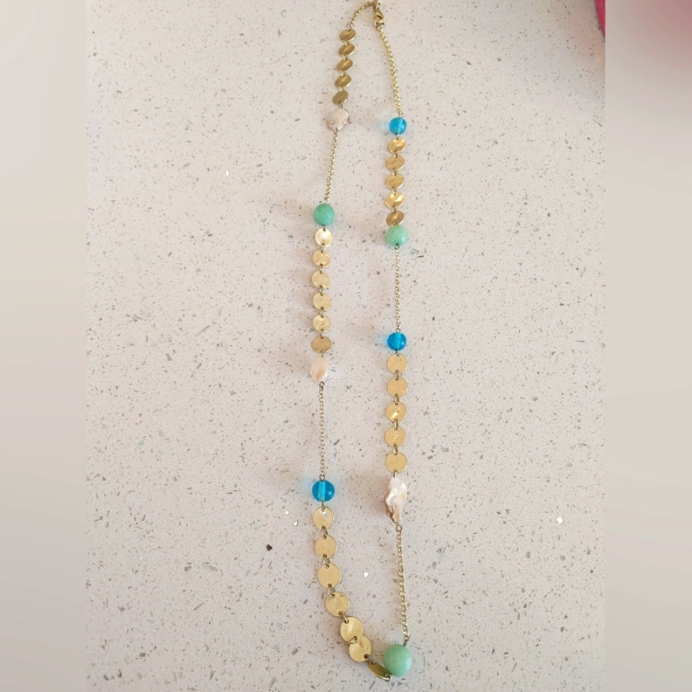 Elegant Gold and Blue Beaded Necklace with Abalone like Shells